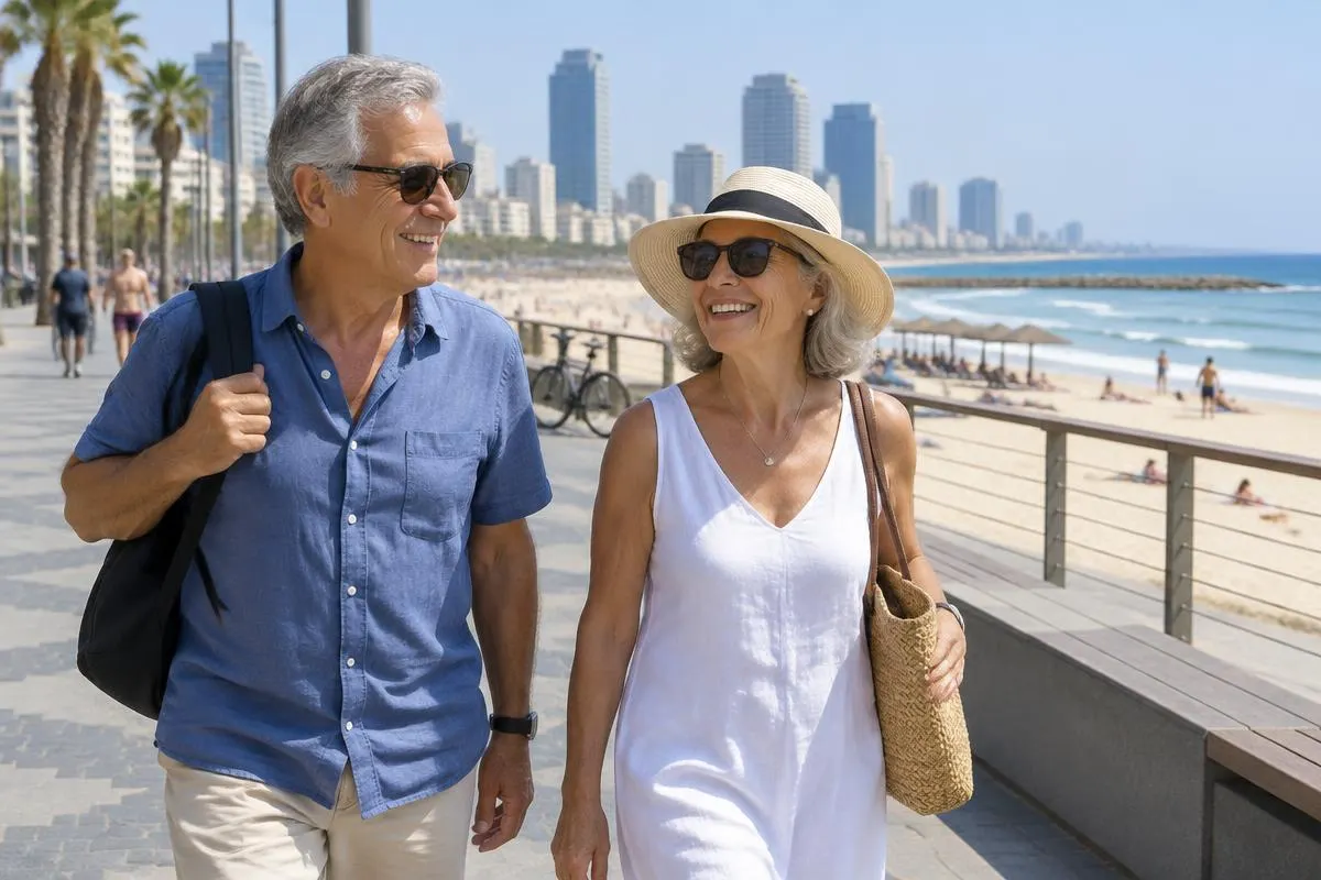 זוג בני 65 מטיילים בטיילת חוף בישראל